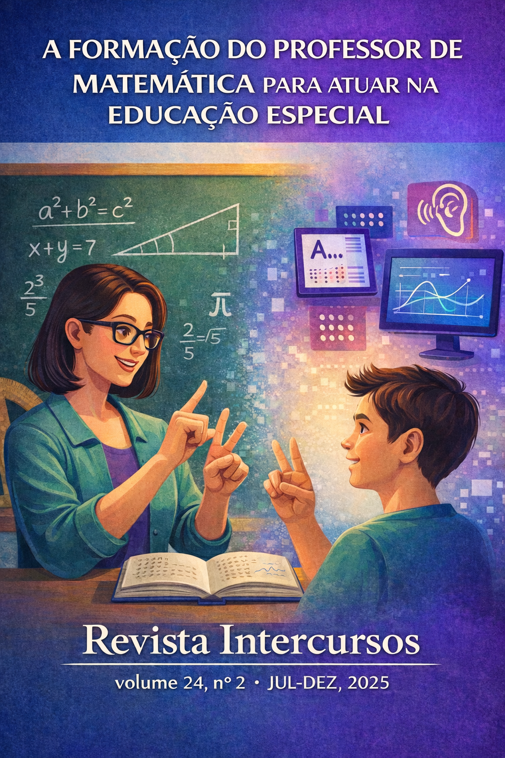 Capa da Revista Intercursos, volume 24, número 2, jul–dez de 2025. Na parte superior, em letras brancas maiúsculas sobre um fundo em degradê azul-roxo, lê-se: “A FORMAÇÃO DO PROFESSOR DE MATEMÁTICA PARA ATUAR NA EDUCAÇÃO ESPECIAL”.  A ilustração central mostra uma professora jovem, de pele clara, cabelos castanhos curtos e óculos, sentada à esquerda de uma mesa. Ela usa camisa verde-água e camiseta roxa e faz sinais com as mãos em Língua de Sinais. À direita, um estudante menino, também de pele clara e cabelo castanho curto, responde aos sinais com as mãos, sorrindo. Entre os dois, sobre a mesa, há um livro aberto com sinais em relevo lembrando Braille.  Ao fundo, à esquerda, um quadro verde com fórmulas e símbolos matemáticos, como a² + b² = c², x + y = 7, π e frações. À direita, um fundo digital em tons de azul e roxo com quadradinhos luminosos e telas: um monitor com gráfico de linhas, outro painel com letras e pontos, e um ícone de orelha em destaque, simbolizando acessibilidade para pessoas com deficiência auditiva.  Na parte inferior da capa, sobre fundo roxo, está o texto: “Revista Intercursos” em fonte serifada grande, e abaixo, em menor tamanho: “volume 24, n° 2 • JUL-DEZ, 2025”.